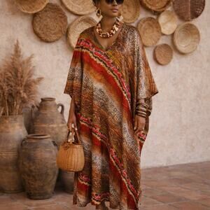 Vintage 80s Winlar Leopard Abstract Caftan Maxi Dress O/S